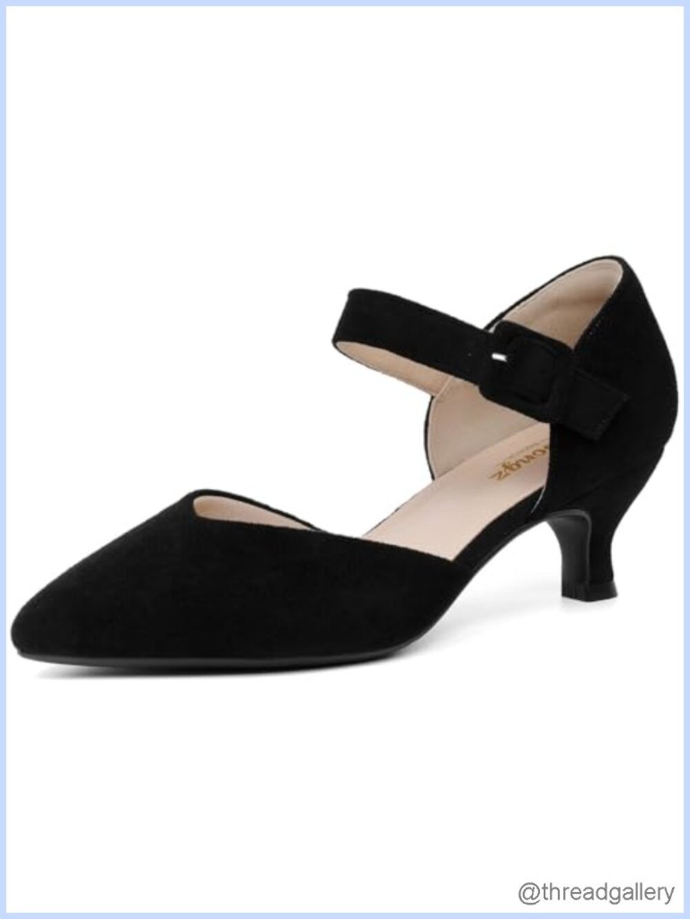 RIBONGZ Kitten Heels Pointed Closed Toe Ankle Strap Buckle Low Heel Pumps